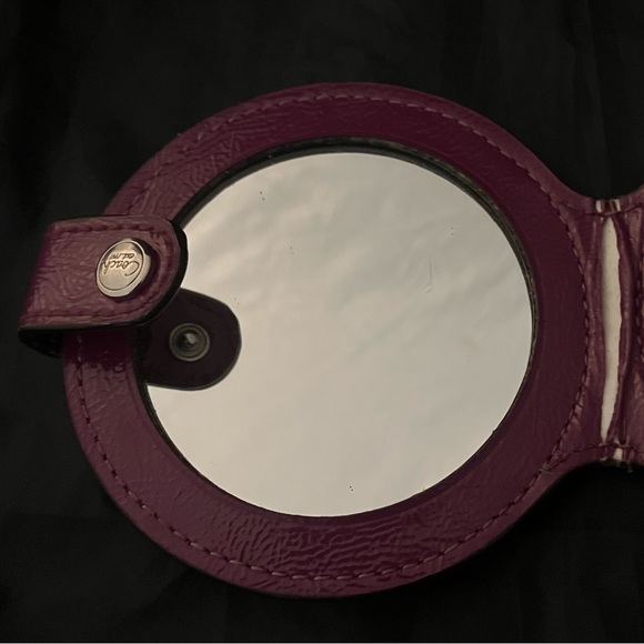 Coach Compact Mirror In Signature C Pattern W/Purple Trim. - Picture 6 of 7